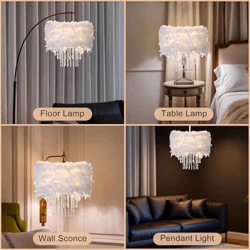 Feather Lamp Shade with Acrylic Beads Droplets, Universal Fit Light Shade for Pendant, Table, Floor & Wall Lighting, Girl Bedroom Decor, ID 11.8inch, OD 15.7inch, White - color: White, size: 15.7 inches