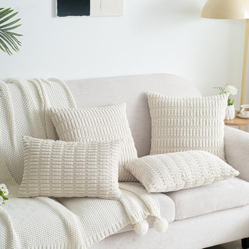 Pack of 2 Corduroy Decorative Lumbar Throw Pillow Covers 20x12 Inch Soft Boho Striped Pillow Covers Modern Farmhouse Home Decor for Sofa Living Room Couch Bed Cream White - color: Cream White, size: 20" x 12" (Pack of 2)