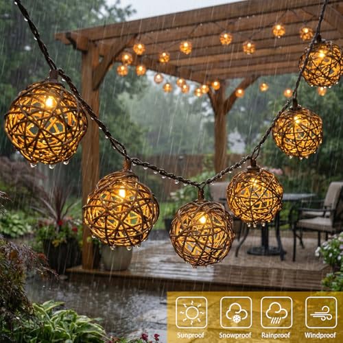 Vigdur Rattan Ball String Lights, Boho Lantern String Lights with 10 Led Bulbs Connectable, Indoor Outdoor String Light for Bedroom Wedding Garden Party Backyard Decor, 9.84FT - color: White