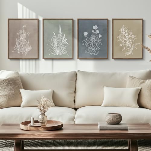 Framed Boho Botanical Wall Art for Living Room, 4 Piece Rustic Floral Canvas Painting Prints, Vintage Minimalist Neutral Flower Artwork for Modern Farmhouse Bedroom Dining Room Office Wall Decor - color: Simple - Walnut Framed, size: 12" W x 16" H x 4pcs