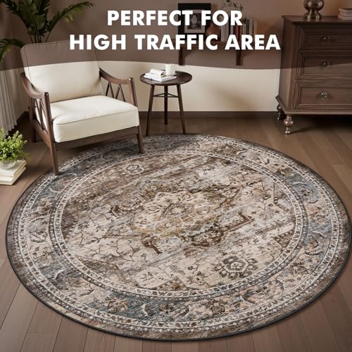 Engiw 6 ft Round Rugs for Living Room Bedroom Rug Circle Area Rug for Dining Room Table Throw Neutral Vintage Circular Rugs Washable Soft Comfortable Brown - color: Brown Multi, size: 6' (Round)