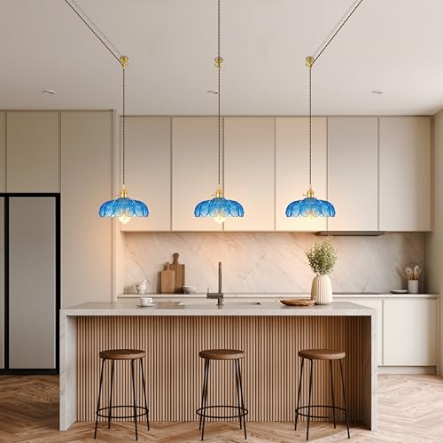 Plug-in Pendant Light Fixture, Hanging Light Fixture, Glass Pendant Light, Swag Lamp with Inline On/Off Switch for Kitchen Island, Bedroom, Dining Room, Living Room (Blue, 15 Ft Cord) - color: Blue, size: 15 ft