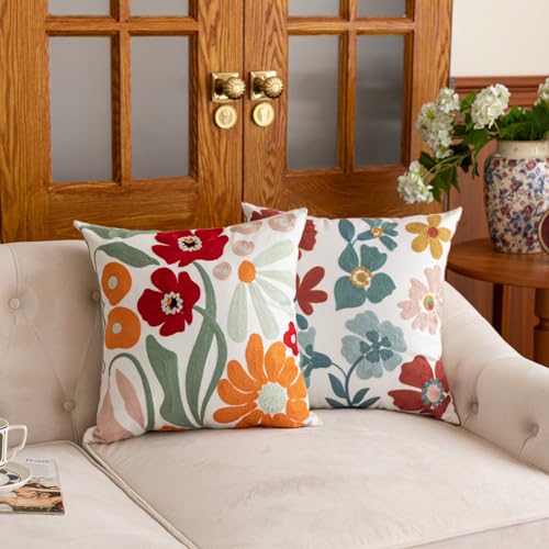 YIcabinet Pack of 2 Throw Pillow Covers,Embroidered Floral Pillow Case Soft Square Decorative Pillowcases for Home Sofa Couch 18x18 Inch - color: White03