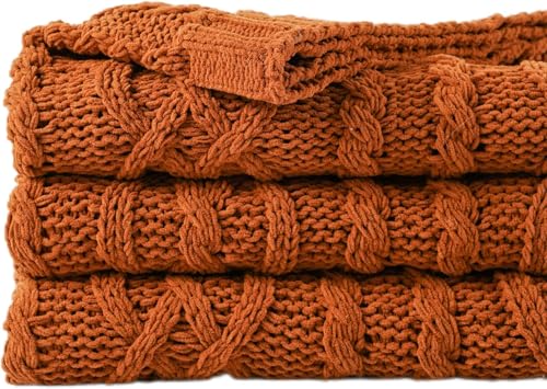 Battilo Caramel Throw Blanket for Couch, Rust Throw, 51" x 67", Super Soft Warm Chenille Cable Knit Blanket Boho Decorative Fall Throw Blanket for Bed, Sofa and Living Room - color: Caramel