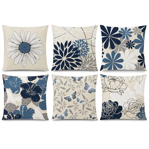 COMMINY Blue White Pillow Covers 20x20 Set of 6, Daisy Flower Throw Pillow Cover Case, Modern Floral Couch Pillow Cover for Sofa Living Room Farmhouse Home Decor - color: Blue White Beige, size: 20" x 20" (Pack of 6)