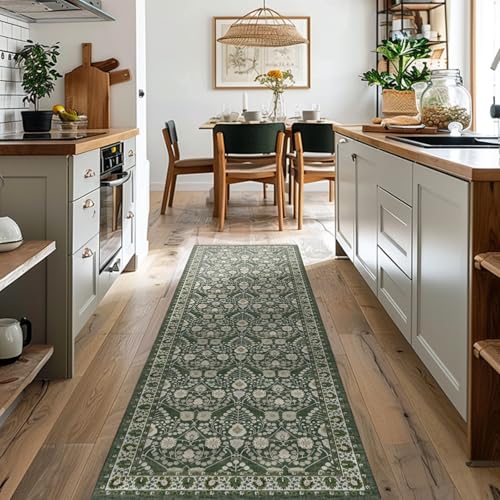 2x8 Washable Runner Rug for Hallways: Non-Slip Floral Runner Carpet Boho Soft Green Indoor Rugs for Floor Entryway Laundry Bedroom Laundry - Vintage Low Pile Kitchen Mats - color: Green, size: 2' x 8' (Rectangular)