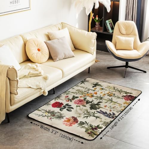 Erosebridal Vintage Botanical Flower Area Rug 4'11" x 3'3" Retro Floral Living Room Rugs Nature Plant Illustration Decorative Carpet Country Garden Indoor Floor Mat - color: Beige Cream, size: 3'3" x 4'11" (Rectangular)