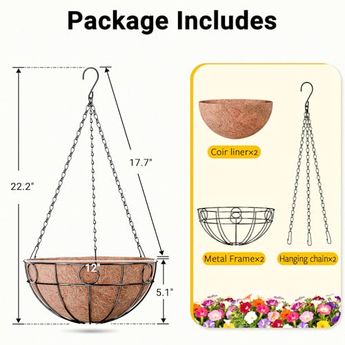 ZeeDix 2 Pack Round Hanging Baskets for Plants Outdoor, 12 Inch Metal Wire Planter Basket with Coco Liner, Hanging Flower Pots for Garden Yard Patio Porch Balcony Decor - size: 12 Inch