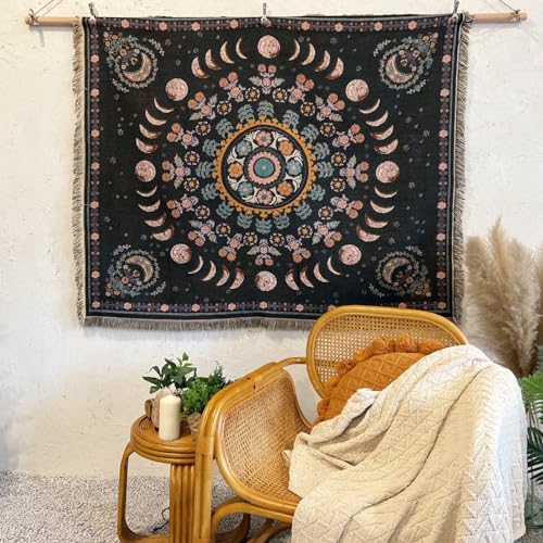 Boho Throw Blanket Reversible Cotton Bohemian Tapestry Hippie Room Decor Double Sided (Lunar Eclipse Black 50"x60") - color: Boho Lunar Eclipse Black 2, size: 50*60 inch