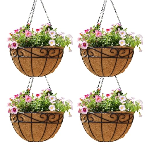 10 inch Metal Hanging Baskets For Plants Outdoor 4 Pack Round Metal Wire Hanging Basket Planter with Coco Fiber Liners Chain Round Wire Plant Holder for Garden, Patio, Deck, Porch Plants Flower Potsss - size: 10 Inch, style: Flower Border