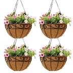 14 inch Metal Hanging Baskets For Plants Outdoor 4 Pack Round Metal Wire Hanging Basket Planter with Coco Fiber Liners Chain Round Wire Plant Holder for Garden, Patio, Deck, Porch Plants Flower Potss - size: 14 Inch, style: Flower Border