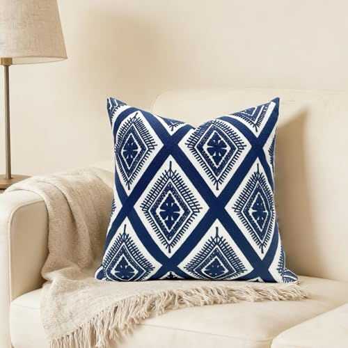 Slow Cow Embroidery Navy Blue Pillow Covers Cushion Covers Invisible Zipper for Living Room 18 x18 Inch - color: Navy Eyes, size: 18" x 18" (Pack of 1)