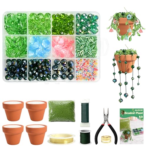 GUJYUYIF Green Glass Beads Kit with Rattan Basket,Beaded Plant Kit Plant Beaded Crystal Glass Leaf Flower Glass Bead for Succulent Plant Making and DIY Crafts - color: Terracotta Pot