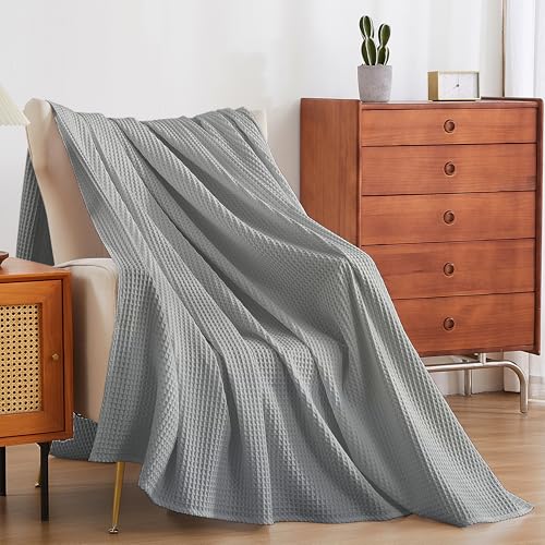 100% Egyptian Cotton Waffle Weave Throw Blanket for Bed Couch Sofa Home Decor, Soft Lightweight Bed & Couch Blanket for All Seasons (Light Grey - Queen Size - 90 * 90") - color: Light Grey, size: Queen - 90*90''