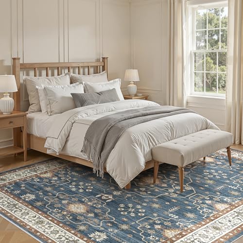 5x7 Area Rug for Living Room- Machine Washable Soft Oriental Vintage Large Indoor Floor Carpet for Bedroom Under Dining Table Home Office Decor - Dark Blue - color: Dark Blue, size: 5' x 7' (Rectangular)