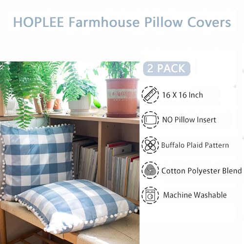 HOPLEE Light Blue Pillow Covers 16x16 Farmhouse Buffalo Check Pillows Covers Blue and White Pillow Covers with Pom Pom for Home Decor 16x16 Inches Set of 2 - color: Blue Plaid Pom, size: 16" x 16" (Pack of 2)
