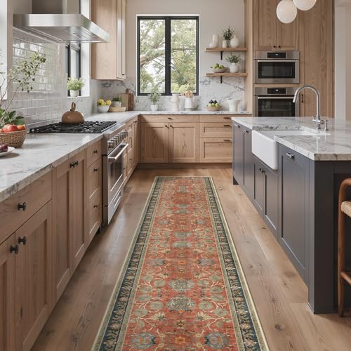 Bavni 2x10 Washable Runner Rug Non Slip, Vintage Distressed Accent Hallway Runner, Low Pile Coral Red Blue Carpet Stain Resistant, Kitchen Runner Floral Rugs for Entryway, Bedroom, Laundry, Nursery - color: Coral Blue, size: 2' x 10' (Rectangular)