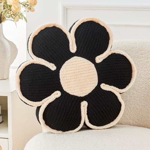 Kcvvcr Flower Pillow, Soft Flower Decorative Throw Pillow, Cute Daisy Flower Shaped Seating Floor Cushion Room Décor Plush Pillows for Sofa Couch Bed (13.7 Inch, Black) - color: Six Petals-black, size: 13.7 Inch