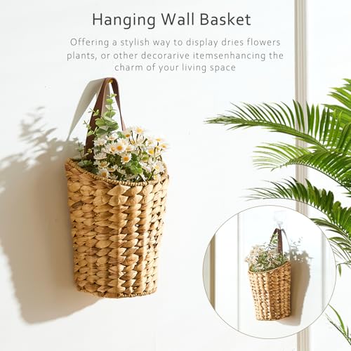 Handwoven Front Door Basket Water Hyacinth Wall Hanging Basket Decorative Boho Mounted Organizer for Dried Flower Plants Storage Basket for Garden, Home, and Farmhouse Décor - color: Water Hyacinth
