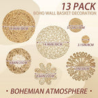 Glenmal Set of 13 Boho Wall Basket Decor Woven Rattan Flat Baskets Handmade Boho Wicker Bamboo Seagrass Wall Hanging Decor for Bedroom Living Room Dining Room Office Ready to Hang(Plain) - style: Plain