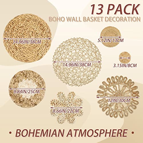 Glenmal Set of 13 Boho Wall Basket Decor Woven Rattan Flat Baskets Handmade Boho Wicker Bamboo Seagrass Wall Hanging Decor for Bedroom Living Room Dining Room Office Ready to Hang(Plain) - style: Plain