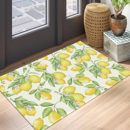 Lemon Decorative Area Rug 2x3 Spring Summer Yellow Fruit Green Leaf Floral Front Door Mat Indoor Outdoor Non-Slip Small Entryway Throw Rugs for Kitchen Bathroom Living Room Bedroom - color: Lemon