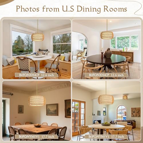 18 inch Natural 3 Light Rattan Chandelier Rattan Farmhouse Light Fixture Woven Pendant Lights Fabric Shade Boho Chandelier for Kitchen Dinning Room - color: 18"-Natural-Drum