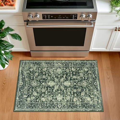KILOCOCO Moroccan Small Area Rug 2x3 Entryway Rugs Printed Vintage Floral Washable Rug Non-Slip Kitchen Rug Indoor Door Mat, Accent Throw Small Rugs for Laundry Room Bedroom Entrance, Green - color: Dark Green/White, size: 2' x 3' (Rectangular)