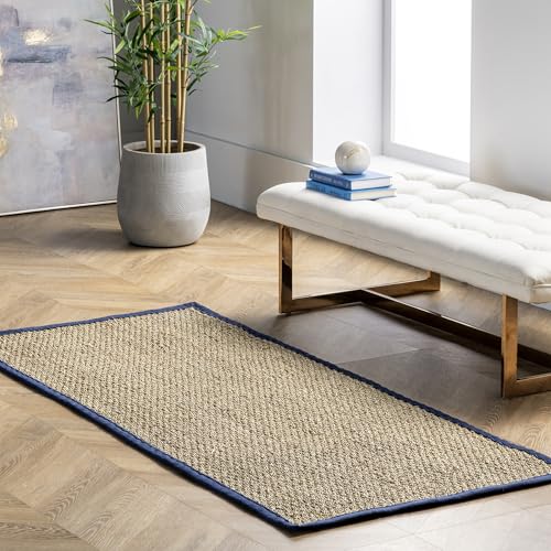 Nuloom Elijah Navy/Natural, 2'6" x 8', Basketweave, Seagrass, Soft and Textured, High Traffic, Stain Resistant, Easy Clean, Durable Area Rug for Bedroom, Living Room, Dining, Den, Foyer, Entryway - color: Navy, size: 2'7" x 8' (Rectangular)