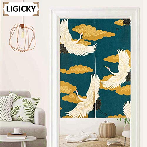 LIGICKY Noren Japanese Style Doorway Curtain Cranes Printed Window Treatment Door Tapestry for Home Decoration 33.5" Width x 47.2" Long - color: Cran Flying on Yellow Cloud, size: 33.5"W x 47.2"L (Pack of 1)