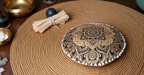 CRAFT KALA 32" in Round Mandala Floor Pillow Cushion Cover Seating Throw Cover Hippie Decorative Bohemian Ottoman Poufs Pillow Cover Cases Boho Cotton Living Yoga Home Décor Room (Black Gold Flower) - color: Black Gold Flower