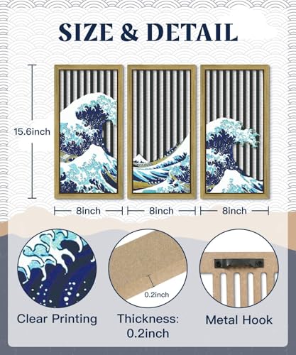 Putuo Decor Japanese Ocean Wave Wall Art, Vintage Framed Wall Decor- The Great Wave off Kanagawa by Hokusai, Nature-Inspired Wall Decorationfor Bathroom, Bedroom, and Living Room - color: Blue Ocean Wave