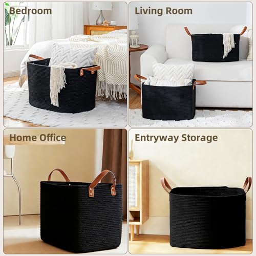 BOLDMONKEY 89L Extra Laundry Basket with Leather Handles,Woven Cotton Rope Blanket Basket,Toy Bin for Baby Room,Laundry Hampers for Bedroom, Living Room,Bathroom,24"x16"x15" Black - color: Black, size: 89L