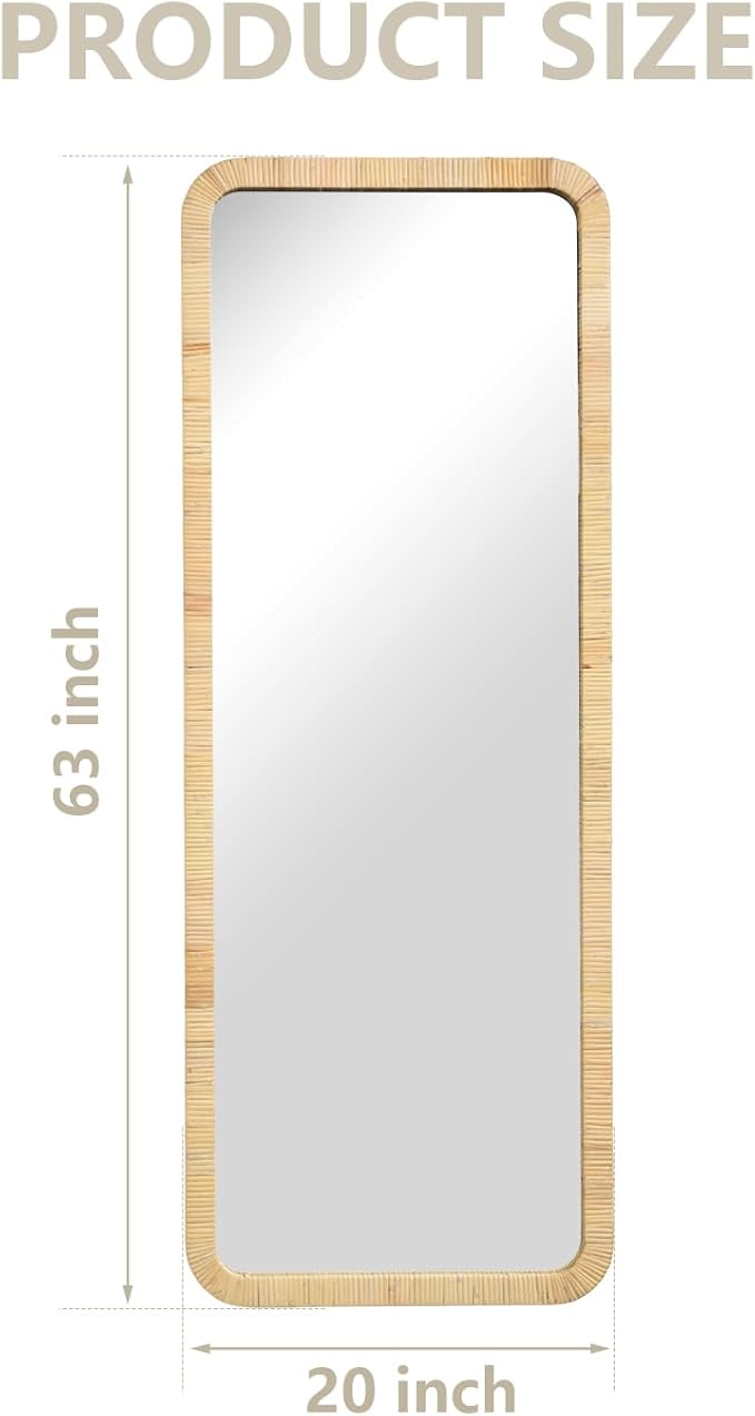 20x63 Inch Long Rattan Mirror Rattan Full Length Mirror Rectangle Wooden Framed Full Body Mirror Floor Mirror Lean Against Wall Farmhouse Wicker Mirror for Bathroom Entryway Living Room Bedroom