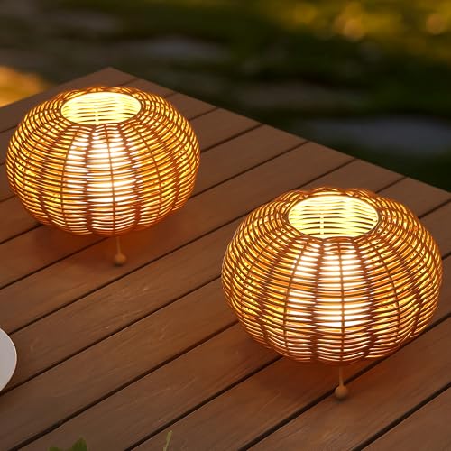 JONATHAN Y 5.75" Light Brown Modern Bohemian Indoor/Outdoor Faux Rattan Lantern Table Lamp Set of 2, Rechargeable Cordless Dimmable Integrated LED for Deck, Patio, Porch JYL7156A-SET2