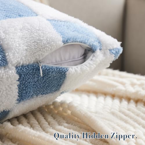 Ohocut Checkered Jacquard Shag Throw Pillow Covers, Pack of 2 Fluffy Blue Cute Decorative Aesthetic Soft Checkered Throw Pillow Cases for Couch Sofa Bedroom,20x20 Inch - color: Blue, size: 20" x 20" (Pack of 2)