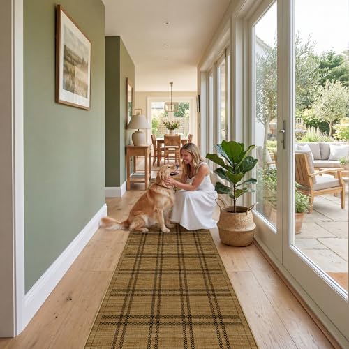 Jute 2x10 Hallway Runner Rug: Washable Non Slip Kitchen Rugs with Rubber Backing Pet-Friendly Carpets Stain Resistant Runners for Laundry Entryway Bedroom Decor Brown Plaid - color: Brown Plaid, size: 2' x 10' (Rectangular)