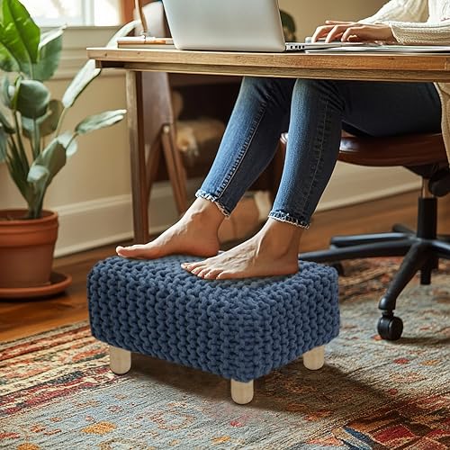 COTTON CRAFT Braided Footrest - Handknitted Dori Foot Stool with Sturdy Wood Legs – Handmade Boho Leg Rest - Small Spaces Under Desk Living Room Entryway Low Footstool Pouf - 16.5x12x9.5 - Blue - color: Cotton - Blue