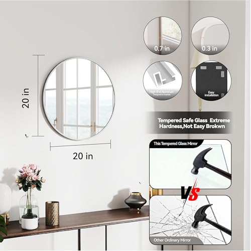 SCWF-GZ 20" Round Mirror Circle Wall Mounted Hanging or Against Wall Metal Frame Dressing Make-up Mirrors for Entryway Bedroom Bathroom Living Room 20 inch Silver - color: Silver, size: 20"L x 20"W