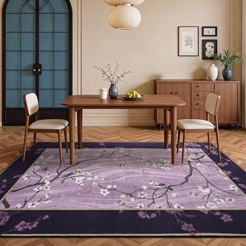 8x10 Area Rugs for Living Room, Oriental Floral Birds Large Washable Rug for Bedroom, Soft Low Pile Non Slip Carpet for Dining Room Kids Room Farmhouse Office Home Decor, Purple - color: Purple, size: 8' x 10' (Rectangular)