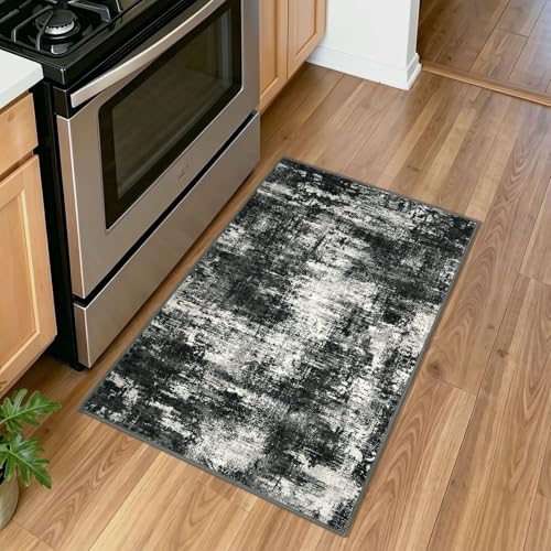 Lansny Abstract Small Area Rug 2x3 Entryway Rugs Washable Door Mat Entrance, Non Slip Kitchen Rugs, Rubber Backed Throw Rug Printed Faux Wool Floor Carpet for Front Door Foyer Entry Sink, Black Grey - color: Charcoal Black / Grey / Ivory, size: 2' x 3' (R