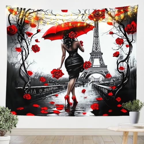 Black Girls Tapestry for Bedroom Paris Eiffel Tower Romantic Wall Tapestry Girls American Girls Rose Floral Print Tapestry Large 59X82 Inches,Red Rose Print Tapestry Aesthetic for Woman Adults Men - color: Grey Red, size: 82.7"L x 59.1"W