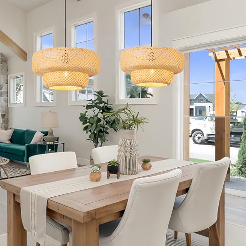 Bamboo Pendant Light 17.72" Wicker Chandelier Handmade Rattan Dining Room Lights Farmhouse Hanging Lighting Fixture for Kitchen Island Bedroom Living Room Hallway Coffee Restaurant - color: Beige-17.72IN
