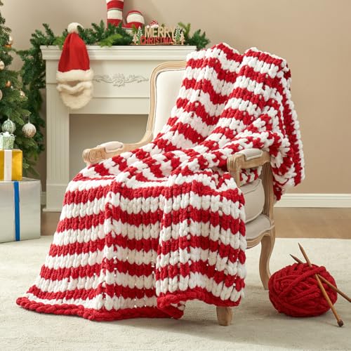 Amélie Home Chunky Knit Throw Blanket for Couch, Soft Chenille Handmade Crochet Throw Rope Knot Blanket for Couch, 50"x60",Red White Stripe - color: Red White Stripe, size: 50"x60"