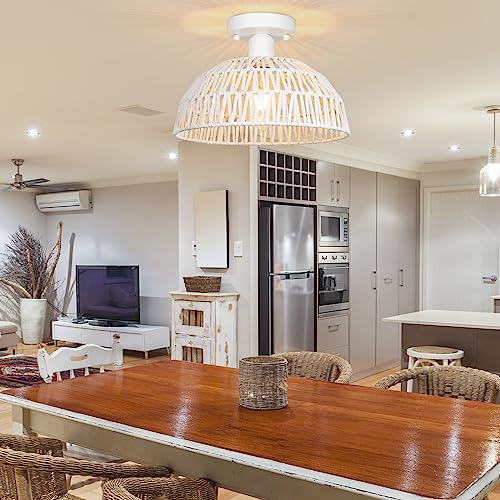 Rattan Ceiling Light Fixtures 2 Packs-White Rustic Woven Basket Flush Mount Ceiling Light, Handmade Wicker Ceiling Lamp, Rattan Chandelier For Kitchen Island, Hallway, Living Room, Bedroom, E26 Base - color: White