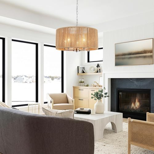 Rattan Chandelier for Dining Room, 5-Light Large Farmhouse Chandeliers Hand Woven Boho Pendant Light Fixture, 19'' Brushed Nickel Wicker Chandelier for Foyer Hallway Bedroom Kitchen Living Room - color: 5-Light Nickel
