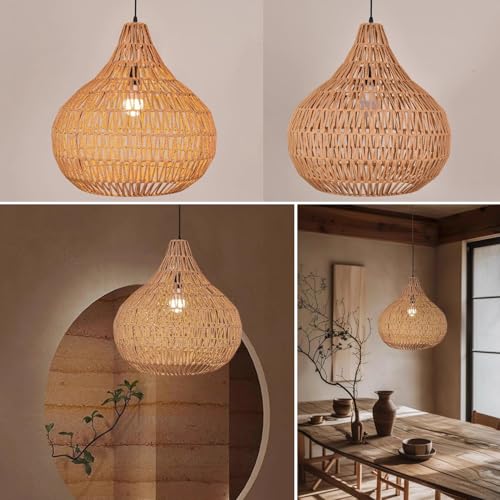 Pendant Light Fixtures Black Boho Chandelier 15.7-inch Rattan Shade Dome Light Fixtures Mid Century Farmhouse Pendant Lamps for Dining Room Kitchen Island Over Table, 1-Light - color: Black Rattan, 15.7", 1-Light