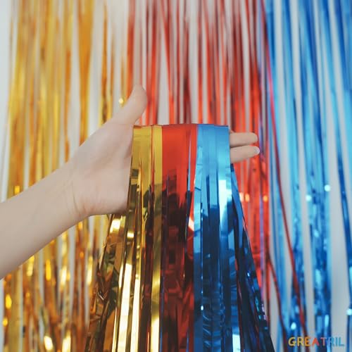 Gold Red Blue Party Backdrop - GREATRIL Tinsel Fringe Curtain for Paw Birthdays Decorations 2 Packs - color: Gold Red Blue