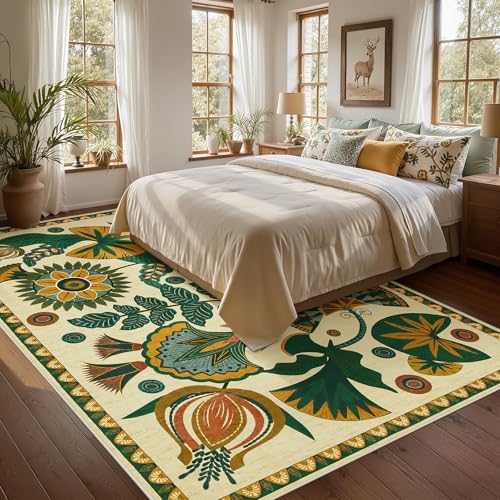 Joydeco Egypt Floral Boho 9x12 Rugs for Living Room, Large Beige Washable Area Rug for Bedroom Dining Room Table, Vintage Non Slip Indoor Throw Carpet for Playroom Nursery Dorm Classroom - color: Beige, size: 8'11" x 12' (Rectangular)