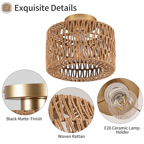 Rpzloila Rattan Ceiling Light, 1 Light Bohemian Modern Woven Flush Mount Ceiling Light, Boho Light Fixture for Bedroom Living Room Dining Room, Gold Finish - color: Gold, size: 1-Light-Round